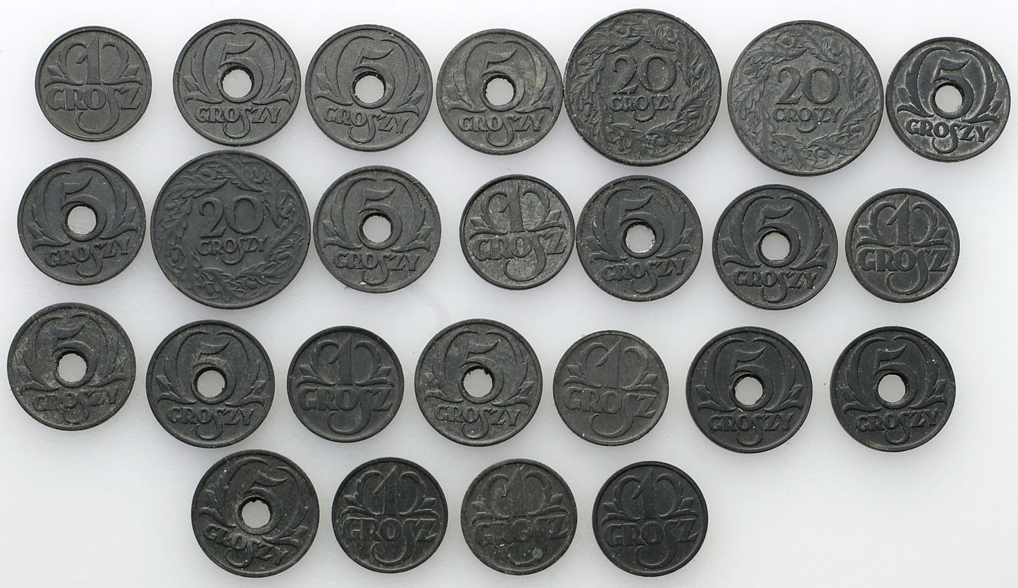 II RP. 1 grosz, 5 groszy, 20 groszy 1923-1939 – zestaw 25 sztuk